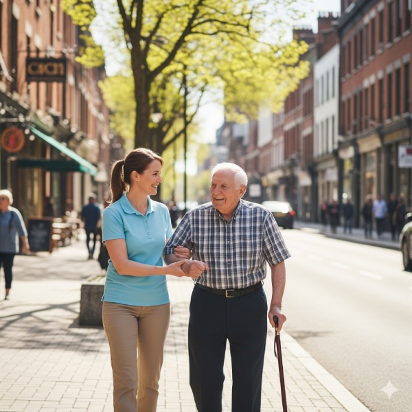 Caregiver and senior enjoying a walk